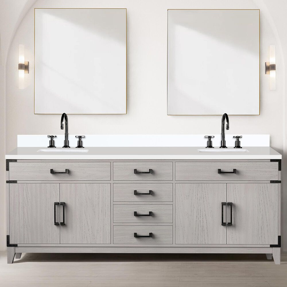 Lexora Home Laurel 84&quot; Double Bathroom Vanity in White Oak with White Quartz Top and Rectangular Sinks, , large