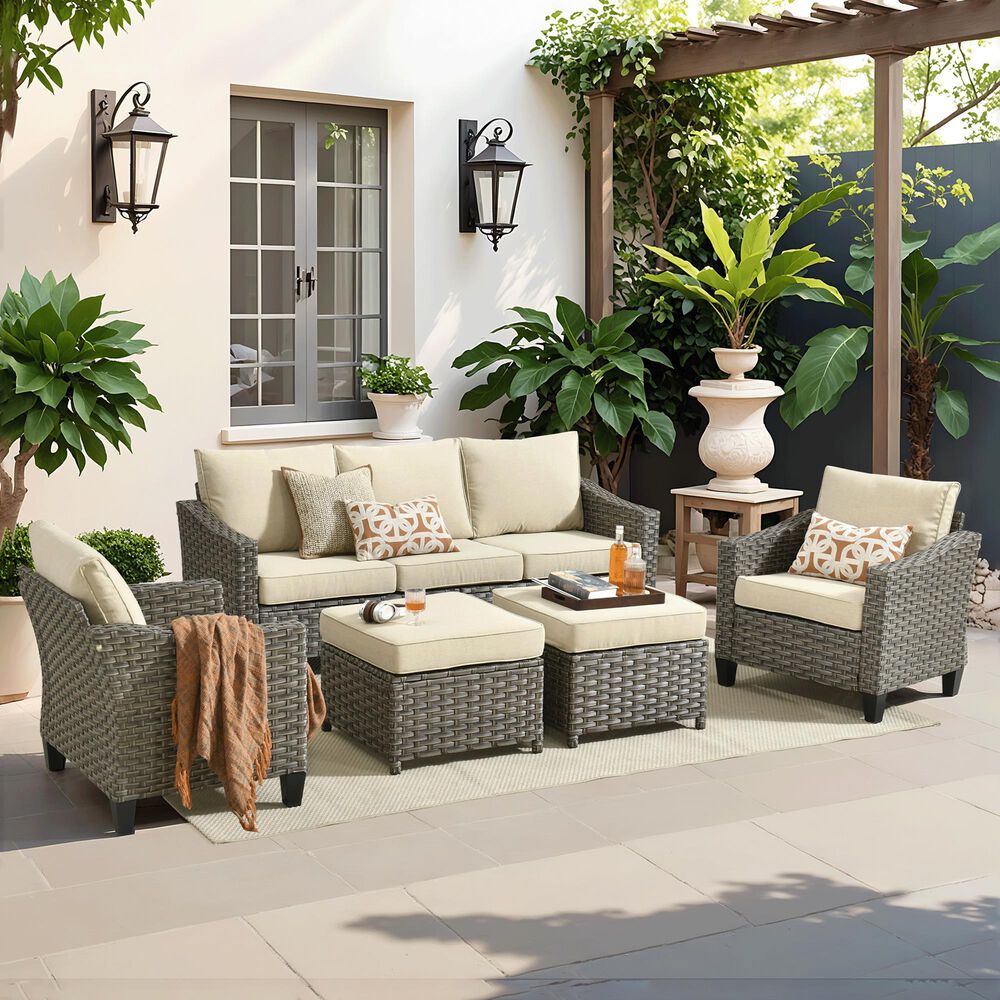 HOMLUX 5-Piece Outdoor Wicker Patio Furniture Set in Beige, , large