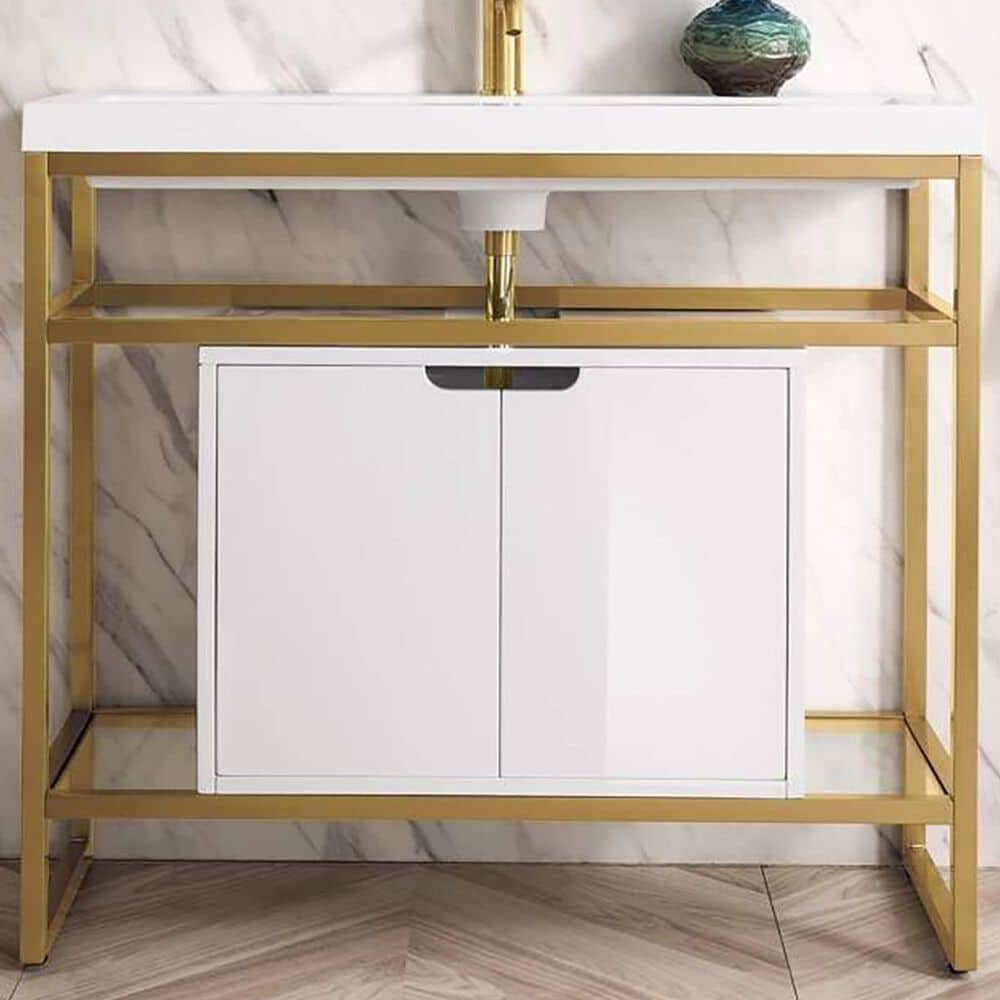 James Martin Boston 395 Single Storage Vanity In Radiant Gold With White Glossy Resin Countertop Nebraska Furniture Mart