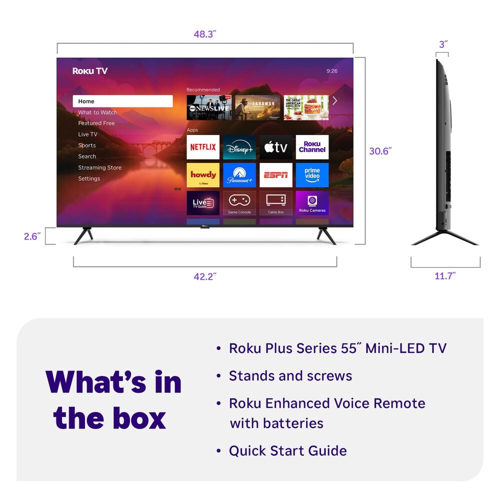 Roku 55" Class Plus Series QLED Mini-LED in Black - Smart TV, , large