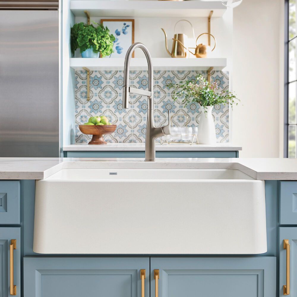 Blanco Ikon 33&quot; Apron Double Bowl Farmhouse Sink with Low Divide in White, , large