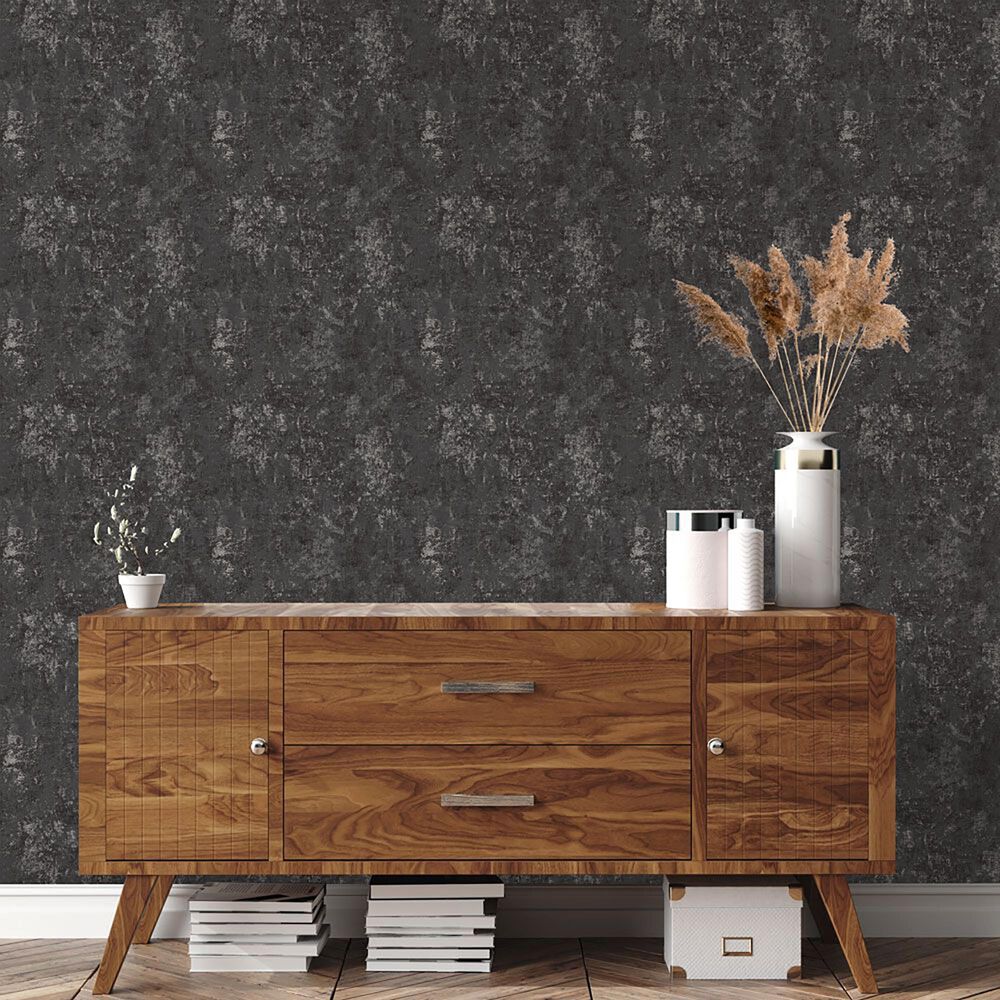 Tempaper Distressed Gold Leaf Gunmetal Peel and Stick Wallpaper, , large