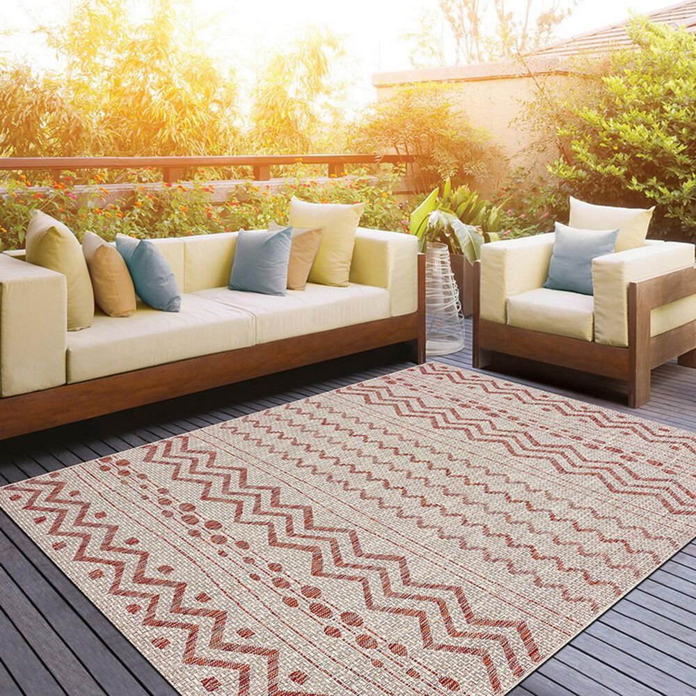L&amp;R Resources Sun Shower 8&#39; x 10&#39; Beige and Red Indoor/Outdoor Area Rug, , large