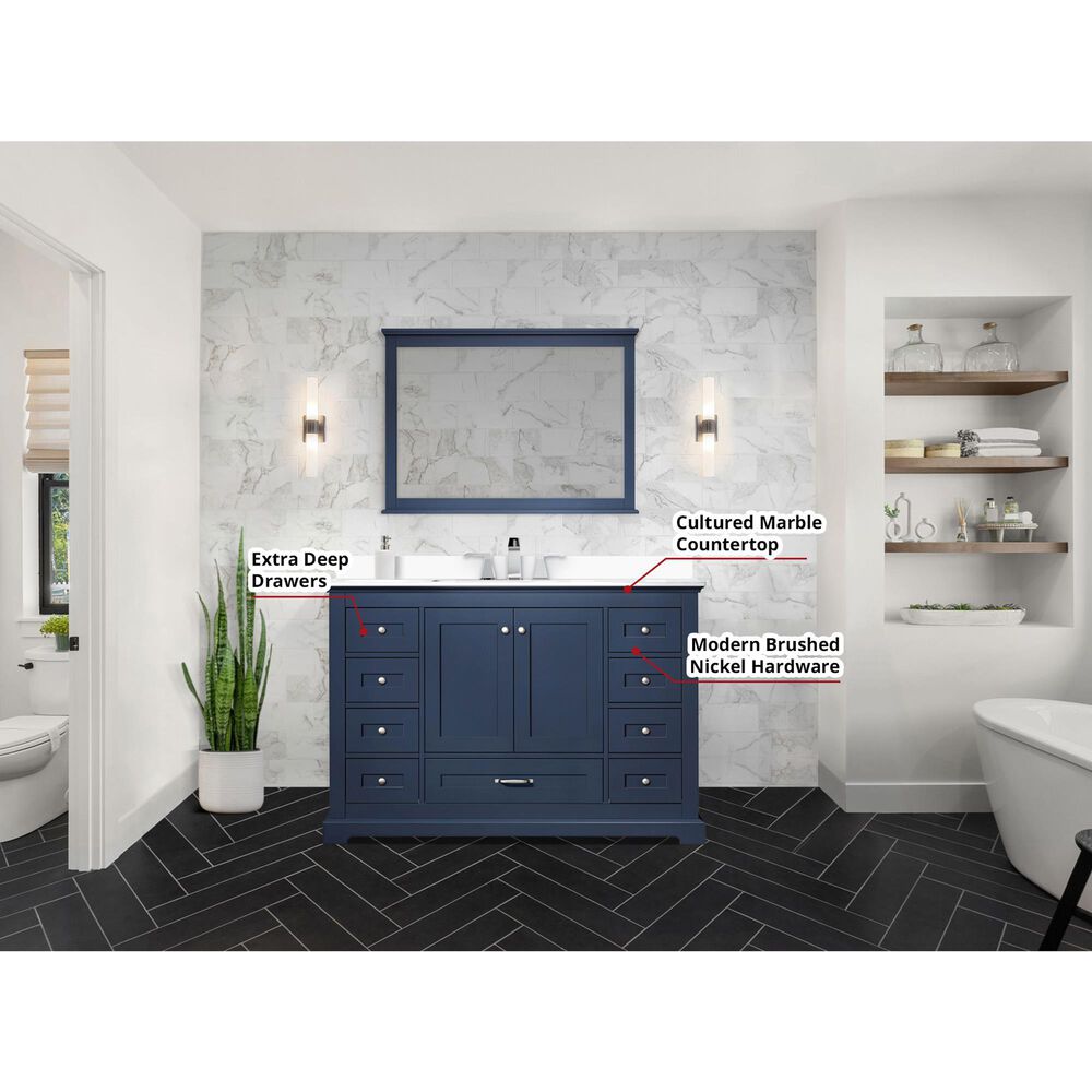 Lexora Home Dukes 48&quot; Single Bathroom Vanity in Navy Blue with 2 cm White Cultured Marble Top and Rectangular Sink, , large