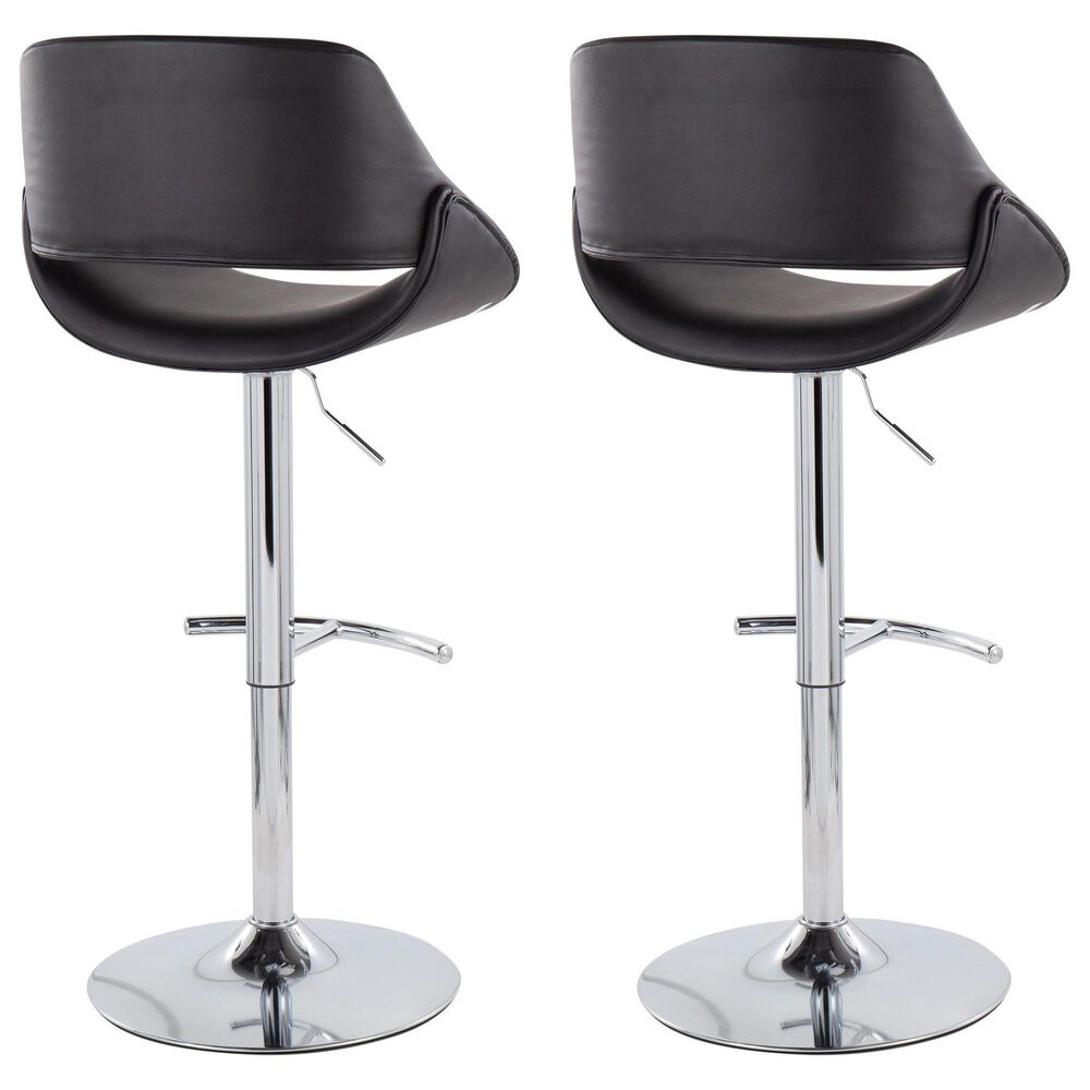 LumiSource Fabrico Swivel Adjustable Bar Stool with Black Faux Leather Upholstery and Rounded T Footrest in Chrome (Set of 2), , large