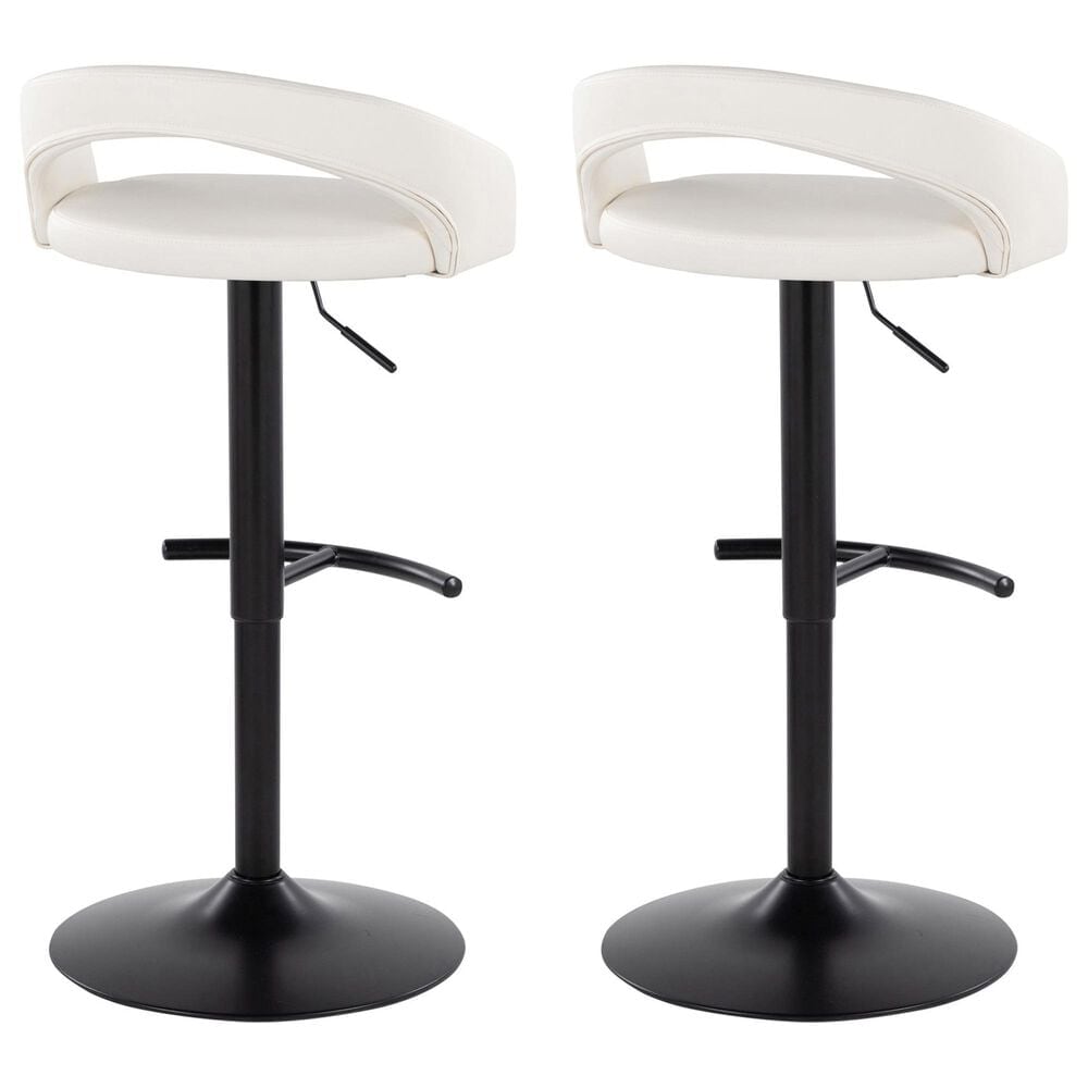 LumiSource Grotto Adjustable Bar Stool with White Faux Leather Upholstery in Black (Set of 2), , large