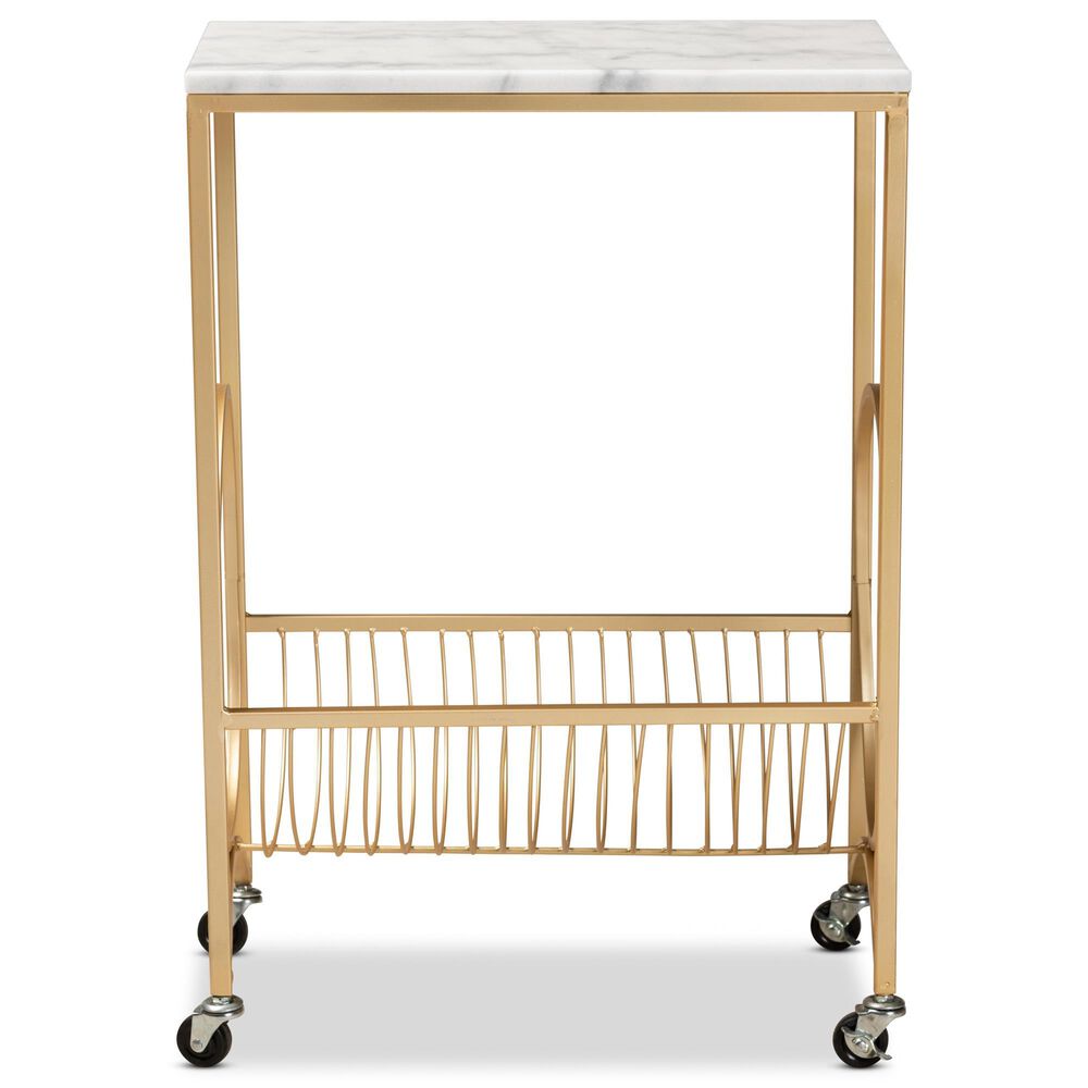 Baxton Studio Jacek Wine Cart in Gold and White Marble, , large