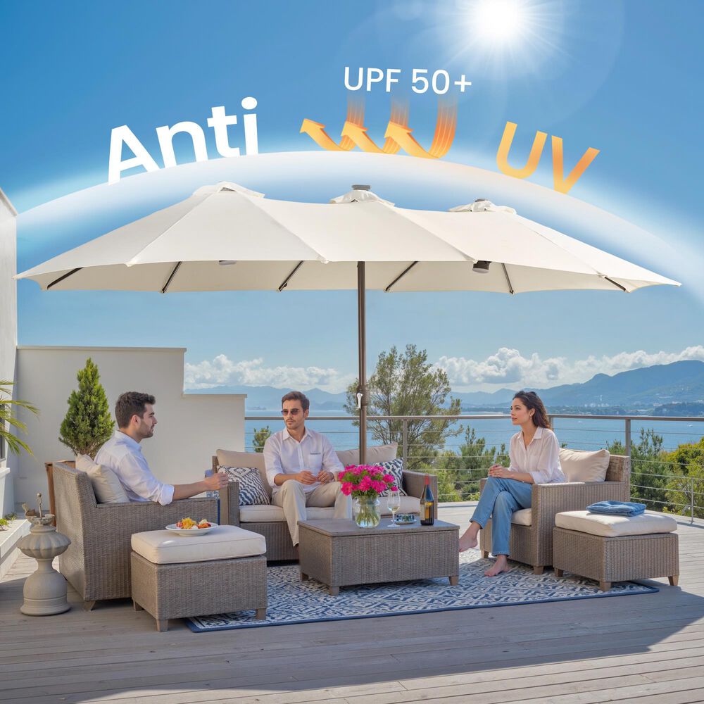HOMLUX 15' Double-Sided Outdoor Market Umbrella with Sandbag Base and RGB LED Lights in White, , large