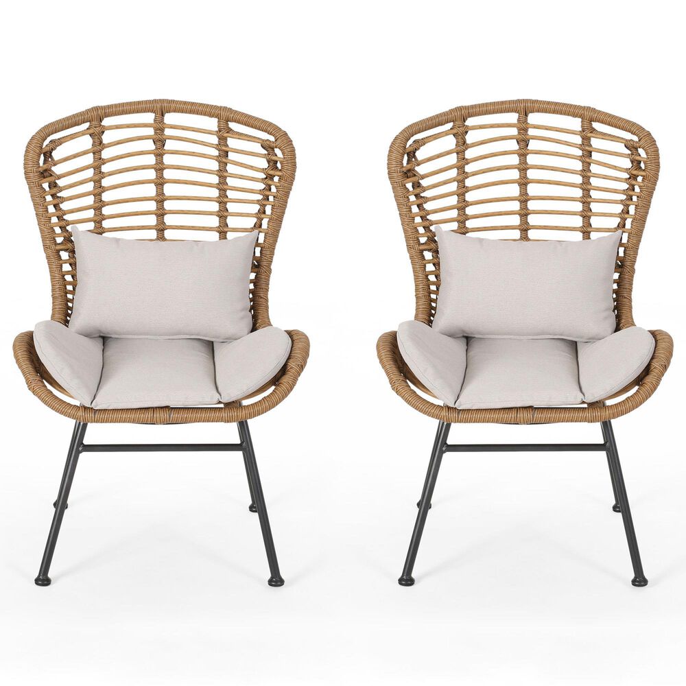 Hearth and Haven Frazer Patio Rattan Chair with Beige Cushion in Brown &#40;Set of 2&#41;, , large