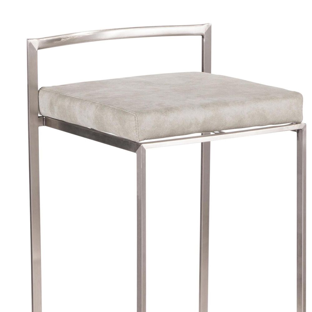 LumiSource Fuji 30" Stacker Bar Stool with Light Grey Cowboy Upholstery in Stainless Steel (Set of 2), , large