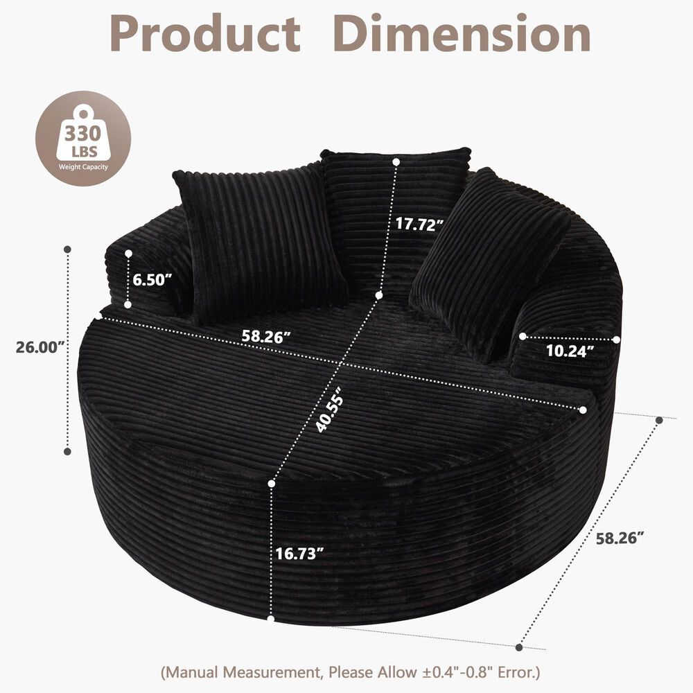 HOMLUX 59" Plush Corduroy Round Chair in Black, , large