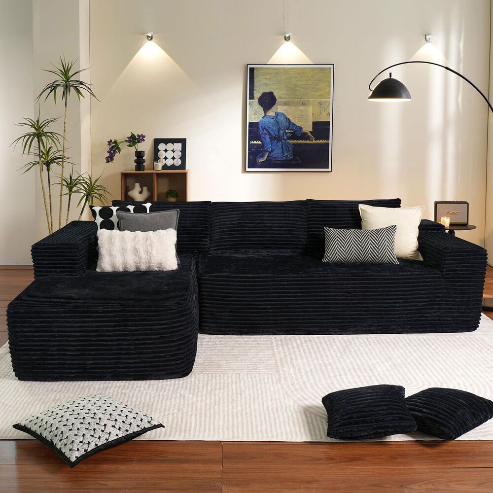 HOMLUX 104" Cloud Sectional Couch Upholstered Modular Sofa with Left L-Shape Chaise, Corduroy Fabric in Black, , large