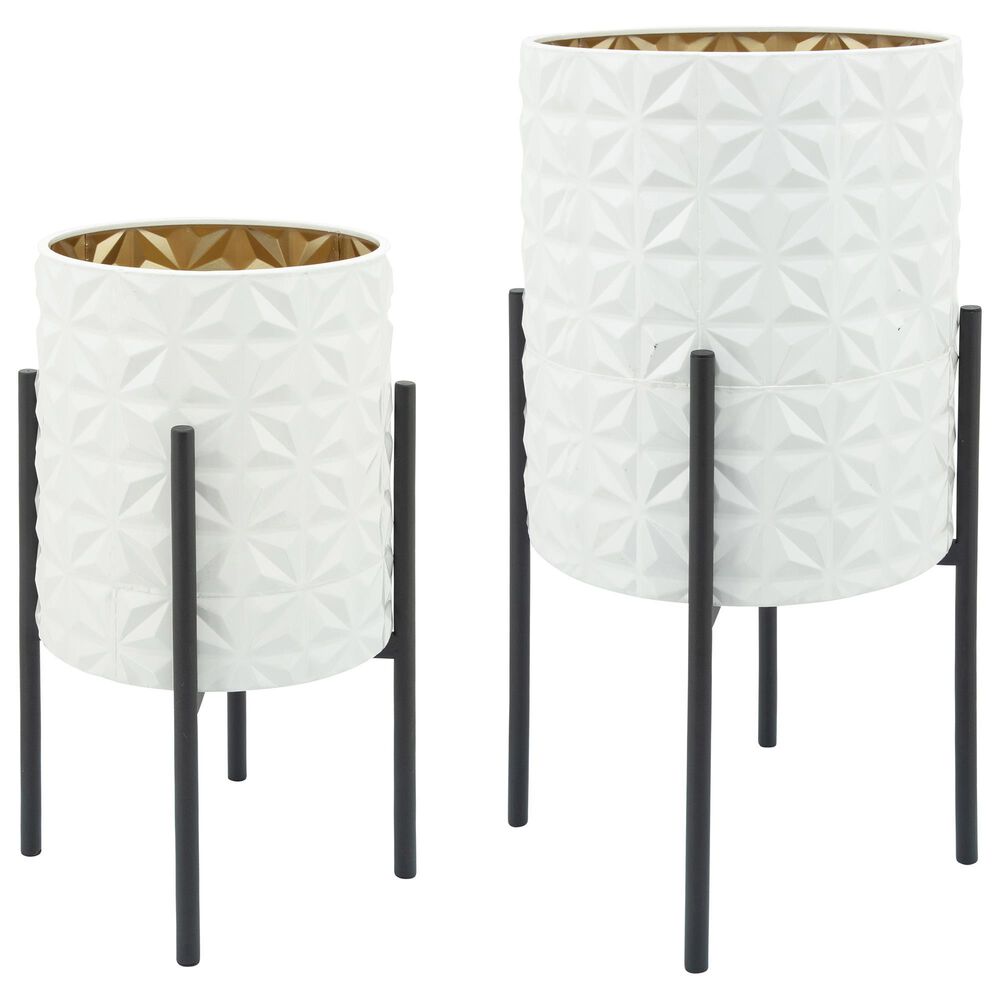 Sagebrook Home Aztec Planter on Metal Stand in White, Black and Gold (Set of 2), , large