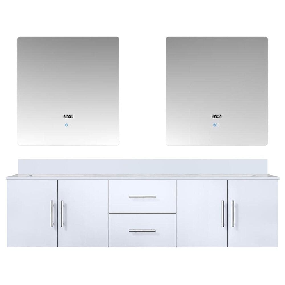 Lexora Home Geneva 72&quot; Double Bathroom Vanity in Glossy White with 2 cm White Cultured Marble Top, Rectangular Sinks and 30&quot; LED Mirrors, , large