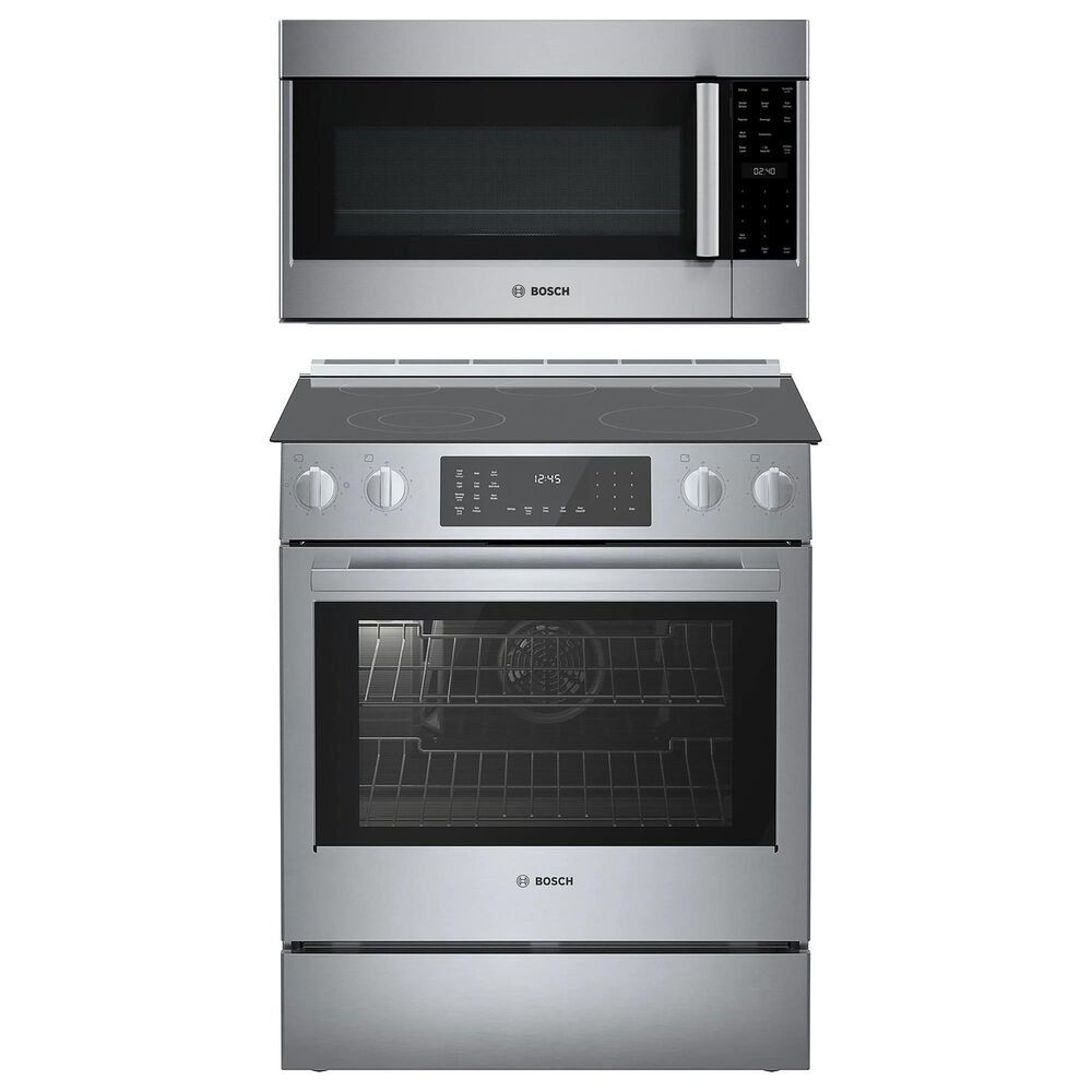 Bosch 800 Series 2-Piece Kitchen Package with 4.6 Cu. Ft. Electric Slide-in Range and 1.9 Cu. Ft. Over-The-Range Microwave in Stainless Steel, , large