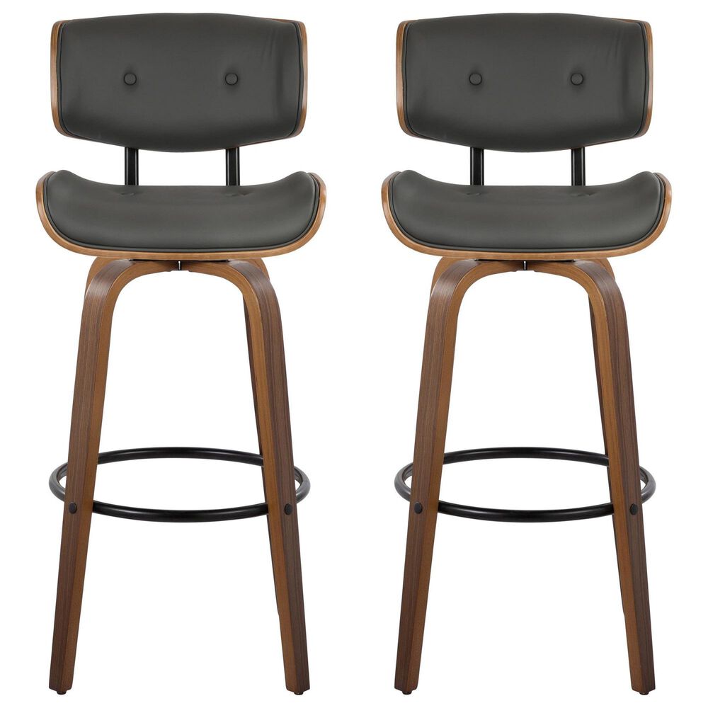 LumiSource Lombardi 30" Swivel Barstool with Grey Faux Leather Upholstery in Walnut and Black (Set of 2), , large