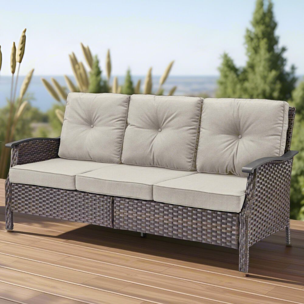 Sunwell Garden 37"H 3-Seater Outdoor Sofa with Wide Armrests and Beige Cushions in Brown, , large