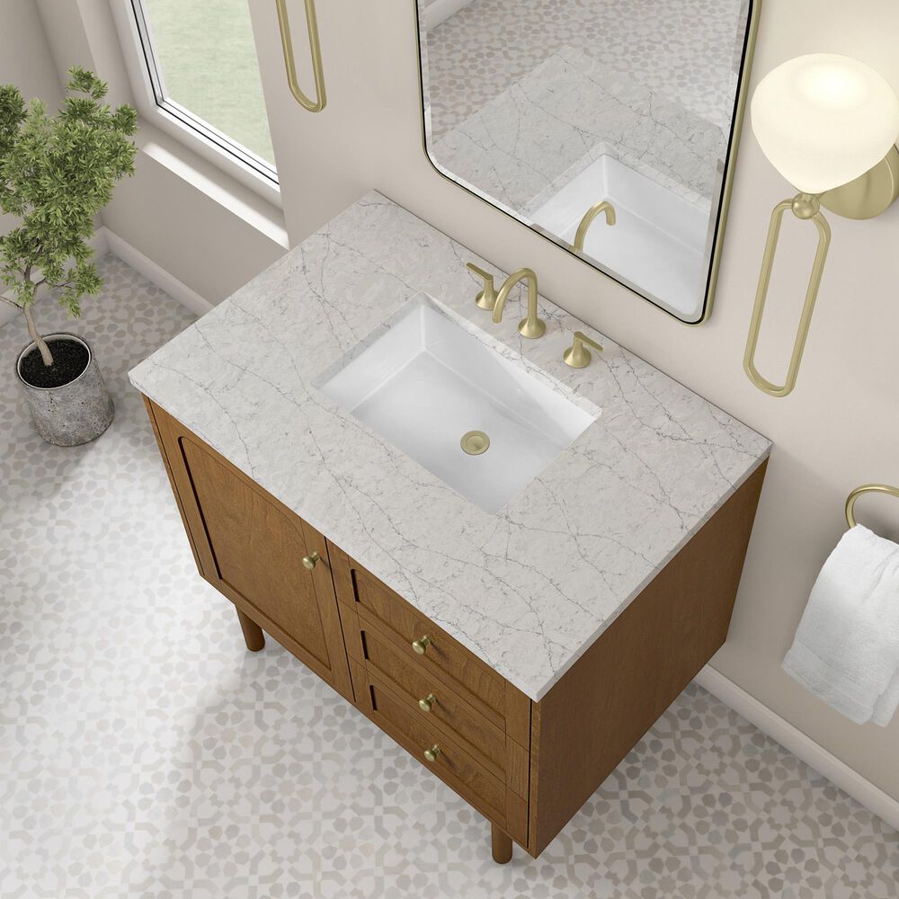 James Martin Laurent 36" Single Bathroom Vanity in Honey Oak with 3 cm Eternal Jasmine Pearl Silestone Top and Rectangular Sink, , large