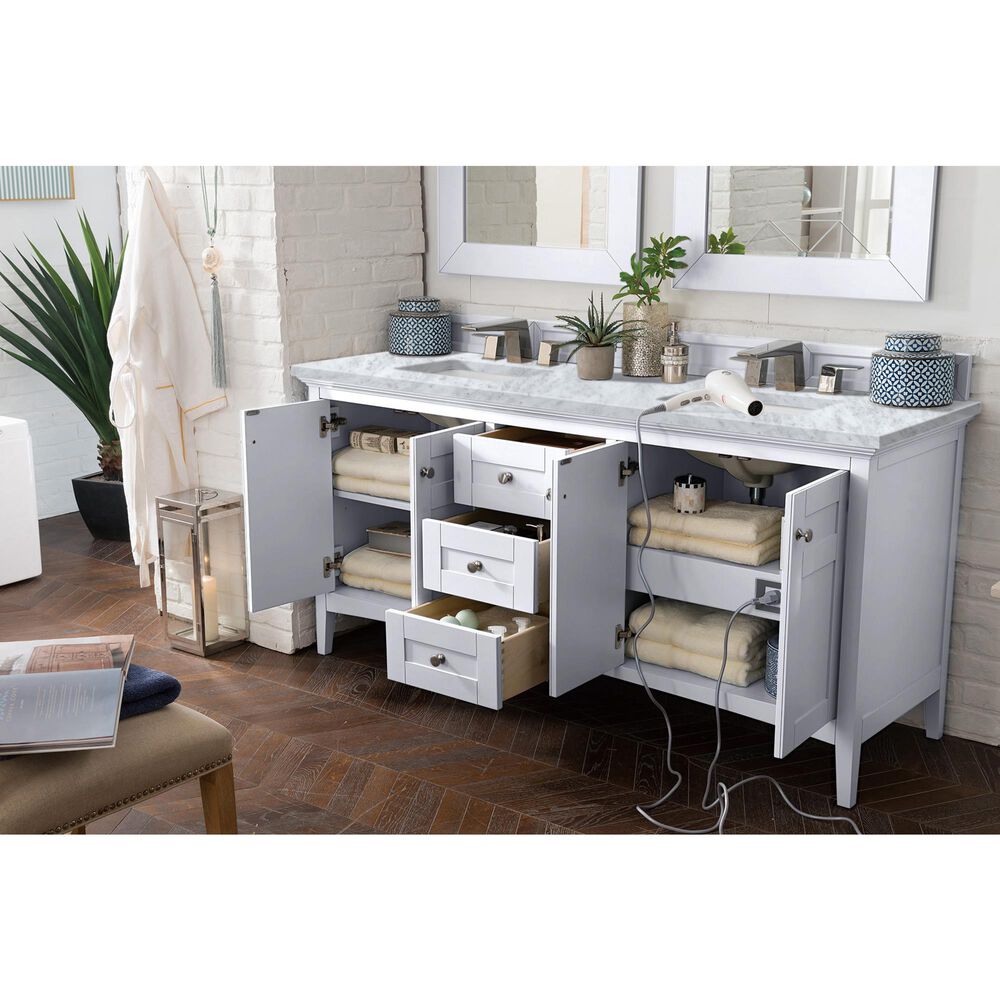 James Martin Vanities Palisades 72&quot; Double Bathroom Vanity in Bright White with 3 cm Carrara White Marble Top and Rectangular Sinks, , large