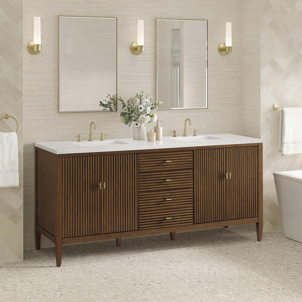James Martin Vanities Mirin 72&quot; Double Vanity in Mid-Century Walnut with 3 cm Arctic Fall Solid Surface Top, , large