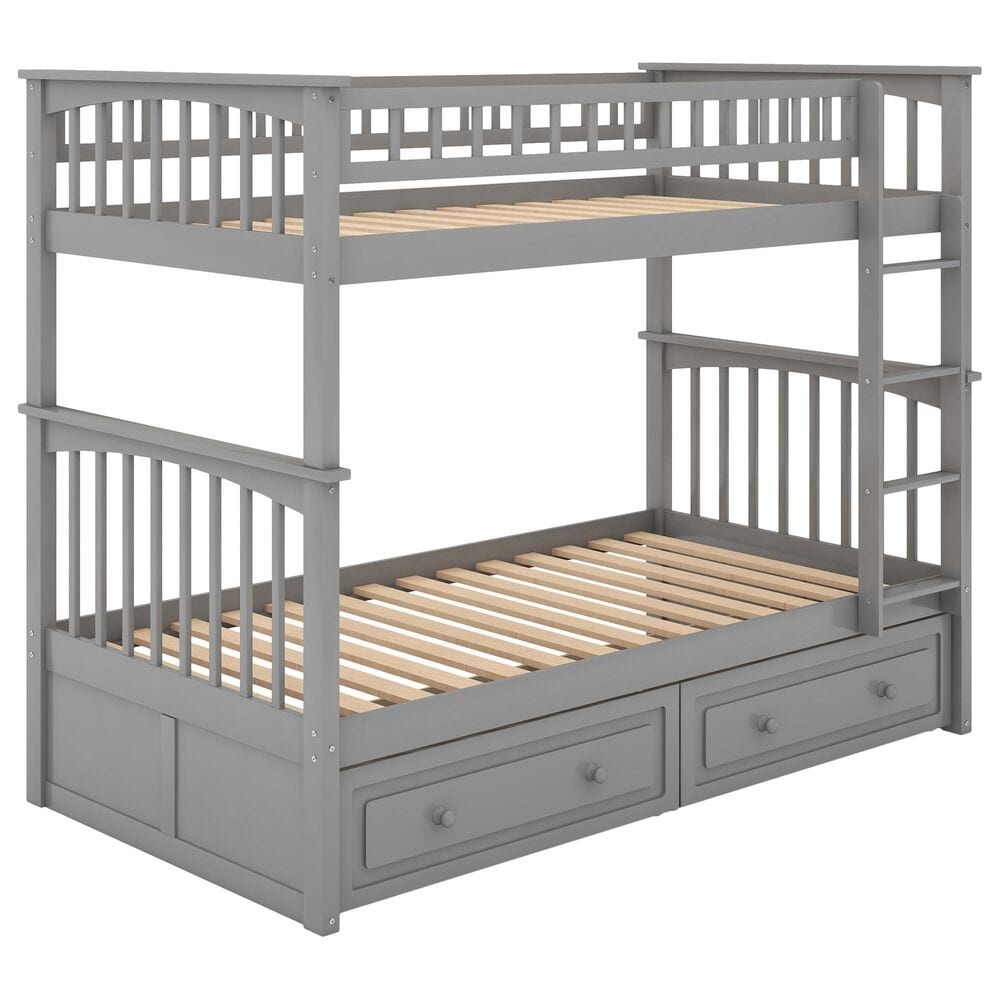Hearth and Haven Twin over Twin Convertible Bunk Bed with Drawers in Gray, , large