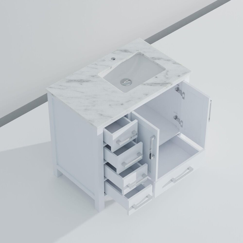 Lexora Home Jacques 36&quot; Right Offset Single Bathroom Vanity in White with 2 cm White Carrara Marble Top and Rectangular Sink, , large