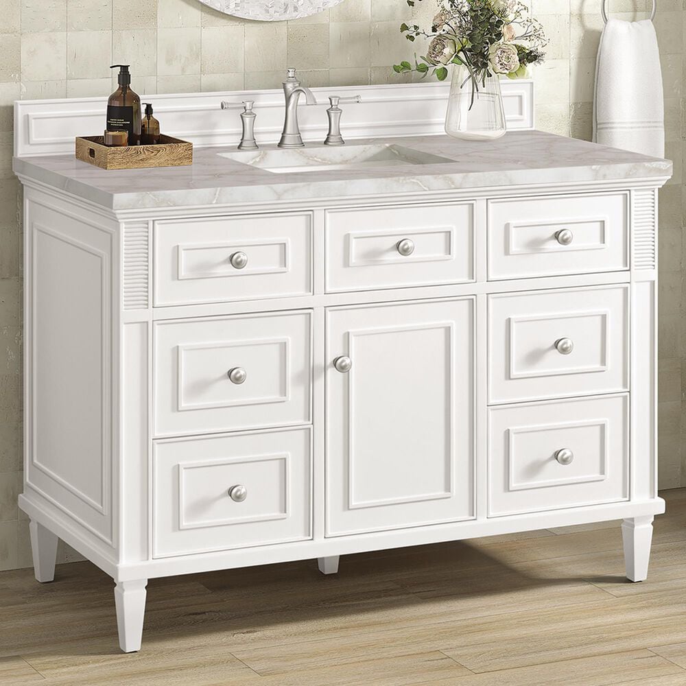 James Martin Vanities Lorelai 48&quot; Single Vanity in Bright White with 3 cm Victorian Silver Quartz Top, , large