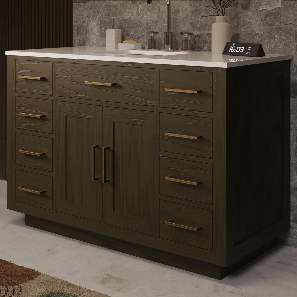 Lexora Home Abbey 48&quot; Single Bathroom Vanity in Brown Oak with 2 cm White Quartz Top and Rectangular Sink, , large