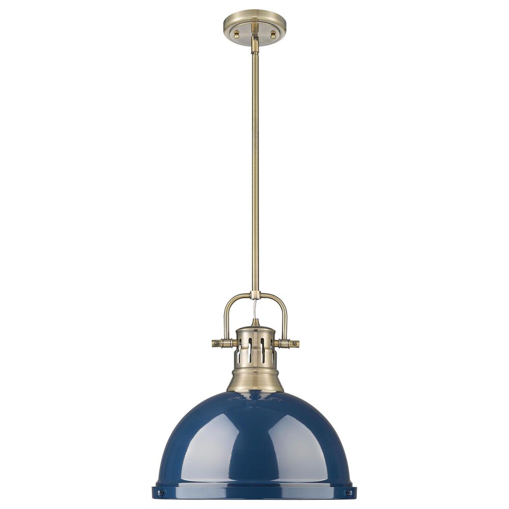 Golden Lighting Duncan 1-Light Pendant with Rod and Matte Navy Shade in Aged Brass, , large