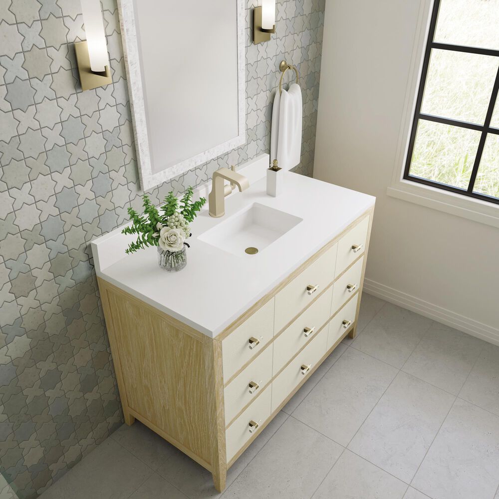 James Martin Vanities Celeste 48&quot; Single Vanity in Sun-washed Oak with Embossed Shagreen and with Single Hole 3 cm White Zeus Quartz Top &amp; Backsplash, , large