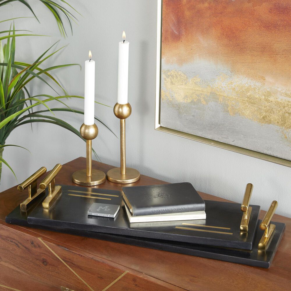 Maple and Jade 2-Piece Tray Set with Handles in Matte Black and Gold, , large