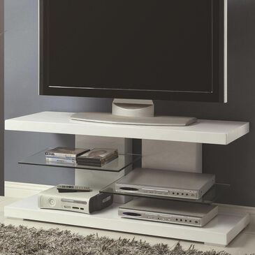 Pacific Landing TV Stand with Alternating Glass Shelves in White, , large