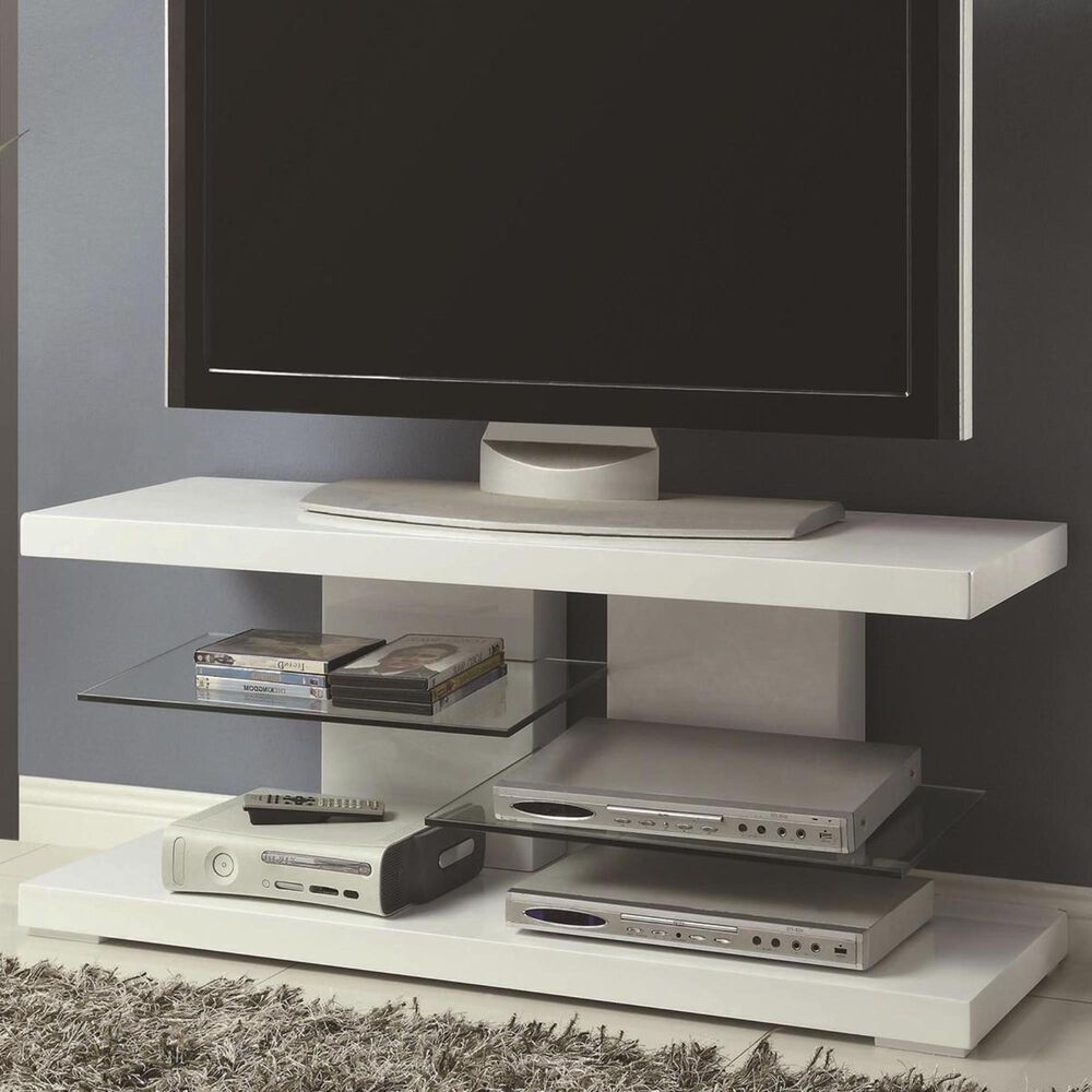 Pacific Landing TV Stand with Alternating Glass Shelves in White, , large