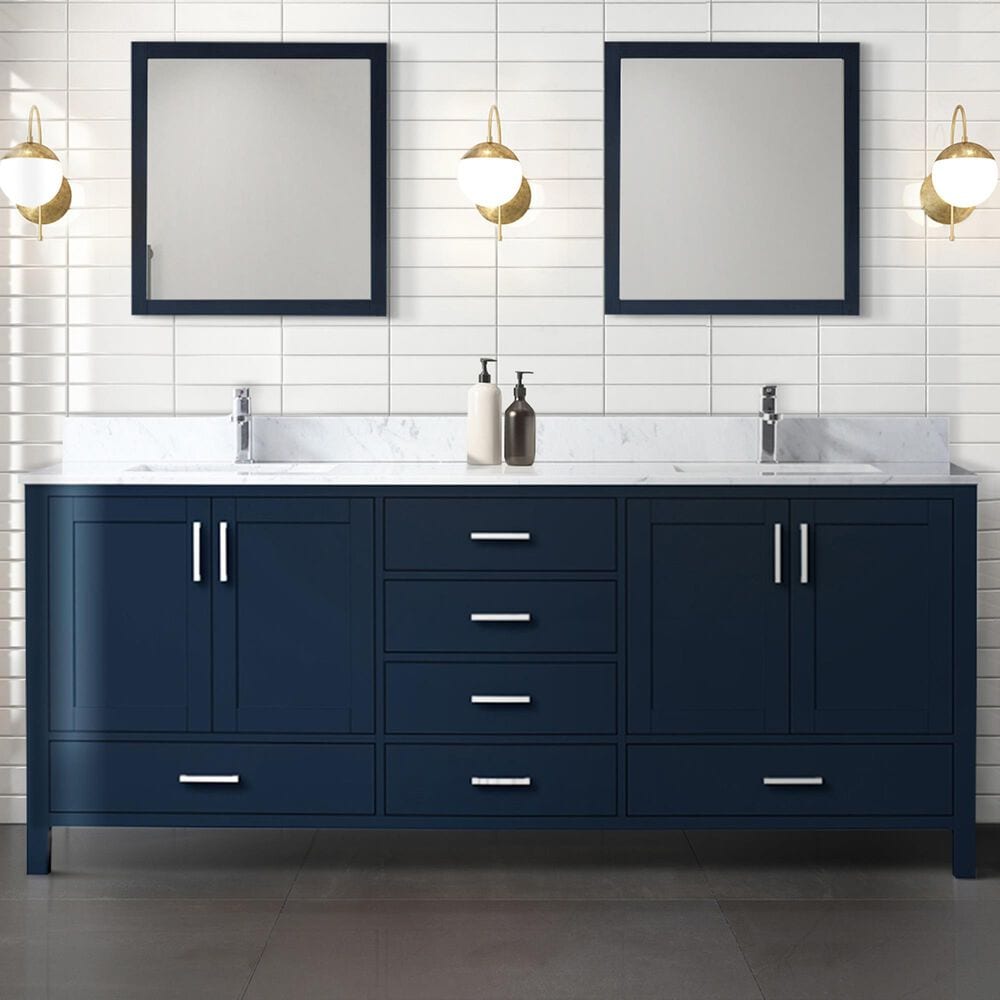 Lexora Home Jacques 80&quot; Double Bathroom Vanity in Navy Blue with 2 cm White Carrara Marble Top and Rectangular Sinks, , large