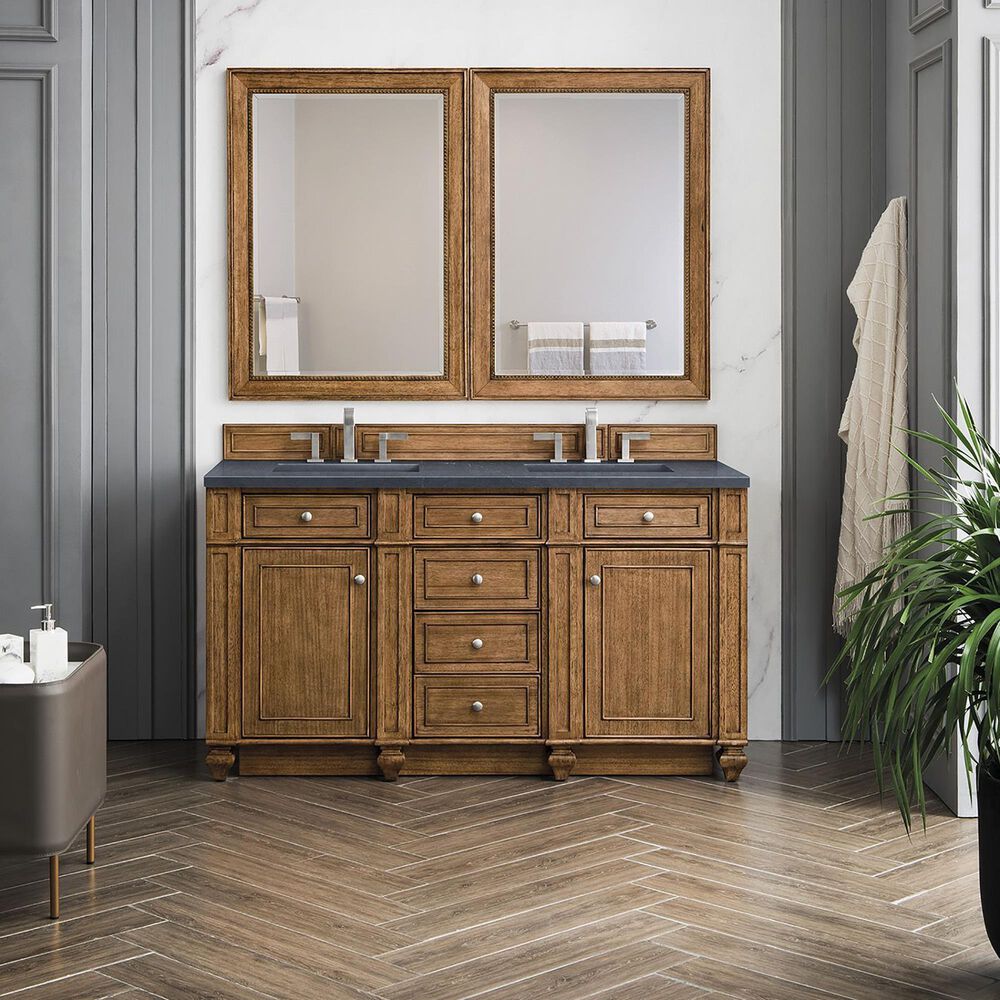 James Martin Vanities Bristol 60&quot; Double Bathroom Vanity in Saddle Brown with 3 cm Charcoal Soapstone Quartz Top and Rectangular Sinks, , large