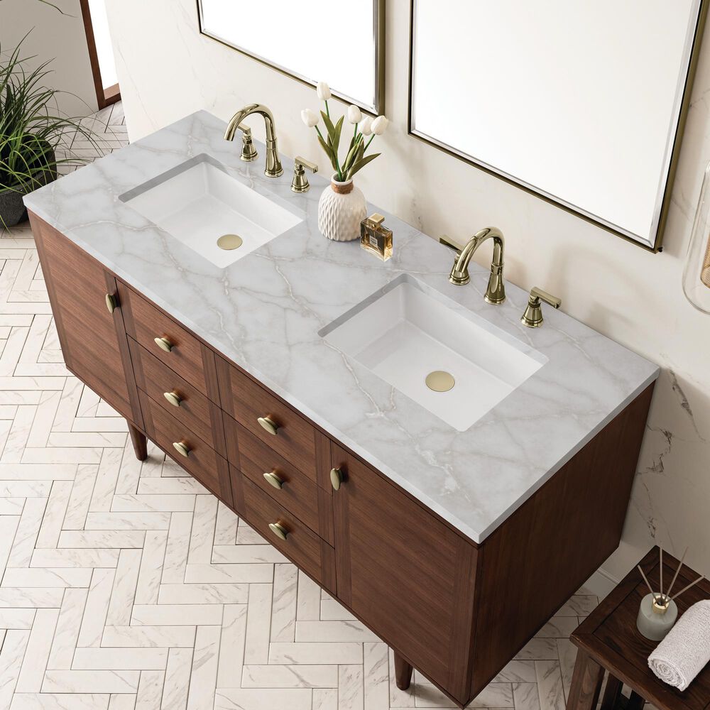 James Martin Vanities Amberly 60&quot; Double Bathroom Vanity in Mid-Century Walnut with 3 cm Victorian Silver Quartz Top and Rectangular Sinks, , large