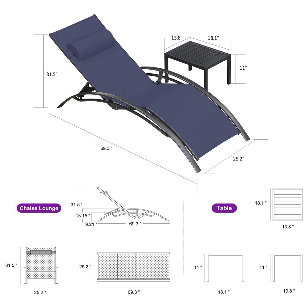 HOMLUX 3-Piece Standard Patio Chaise Lounge Set in Navy Blue, , large