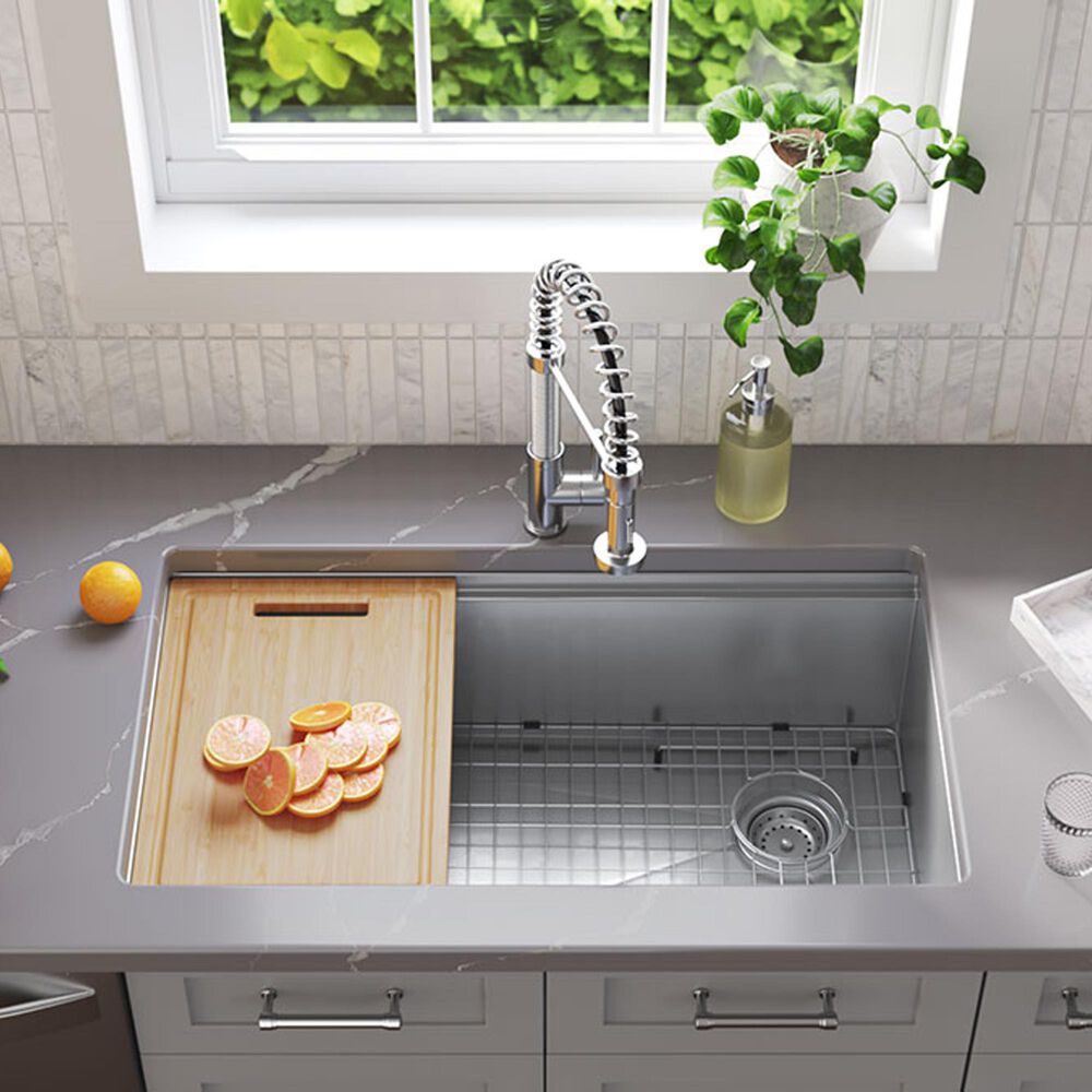 MS International Single Bowl 16-Gauge Handcrafted Workstation Kitchen Sink in Stainless Steel, , large