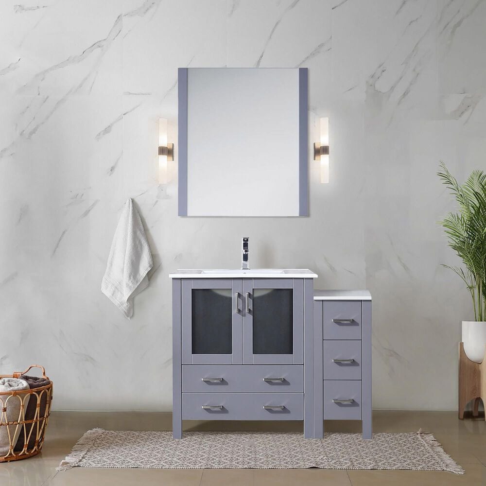 Lexora Home Volez 42&quot; Single Bathroom Vanity in Dark Grey with 2 cm White Ceramic Top, Rectangular Sink and Side Cabinet, , large