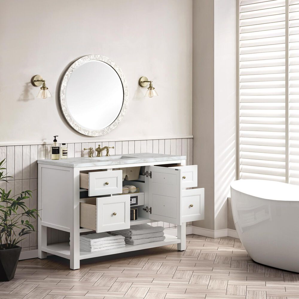 James Martin Vanities Breckenridge 48" Single Bathroom Vanity in Bright White with 3 cm Eternal Jasmine Pearl Silestone Top, Rectangular Sink and FreePower Wireless Charger, , large
