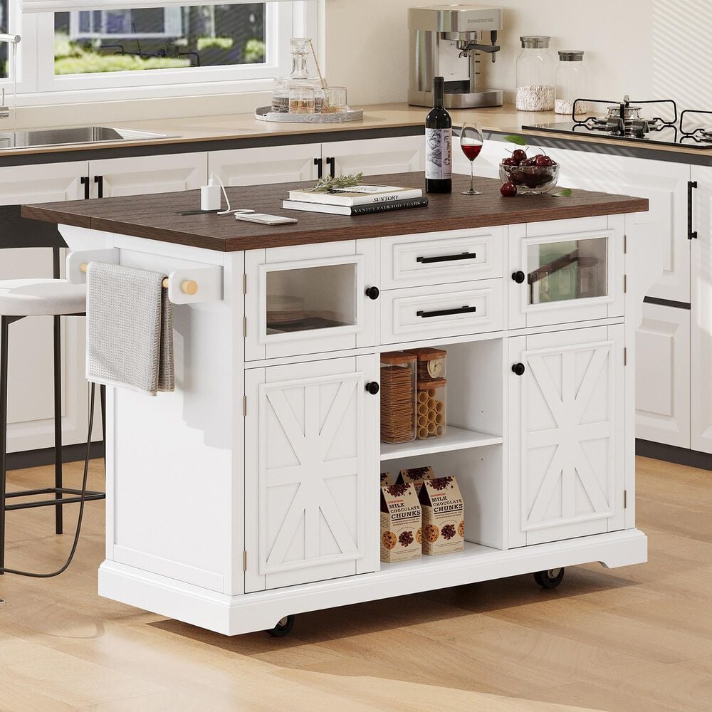 HOMLUX 54.9" Kitchen Island with Drop Leaf in White and Brown, , large