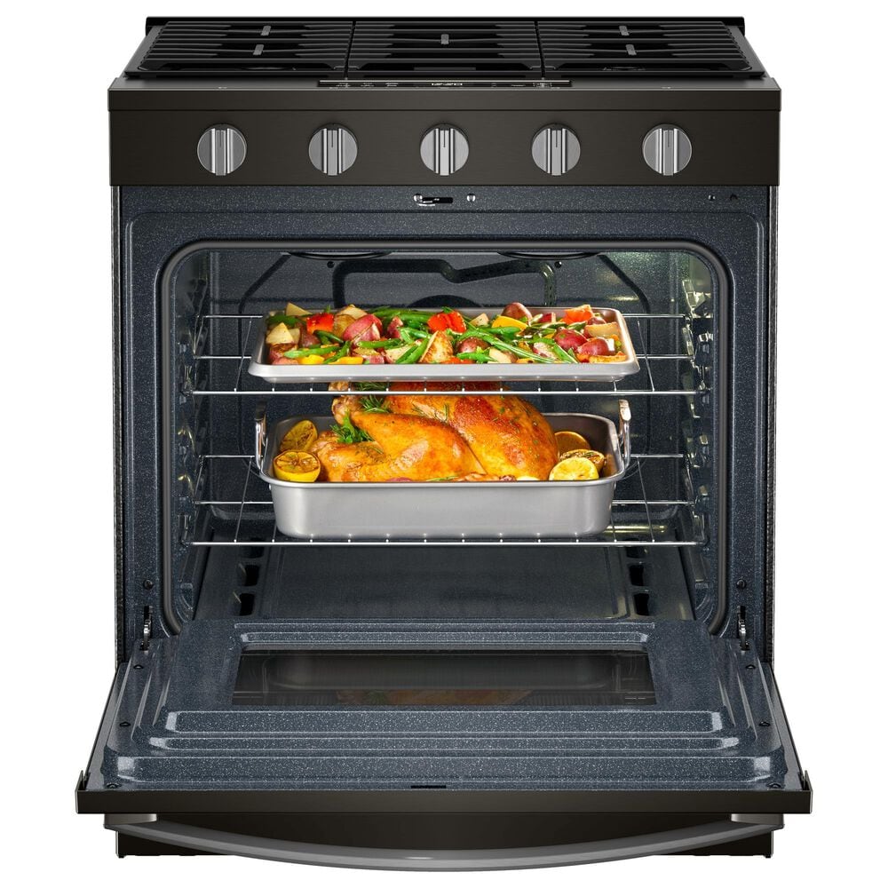 Whirlpool 2-Piece Kitchen Package with Black Stainless 5 Cu. Ft. Smart Gas Range and Fingerprint Resistant Stainless Steel 1.1 Cu. Ft. Flush Mount Microwave, , large