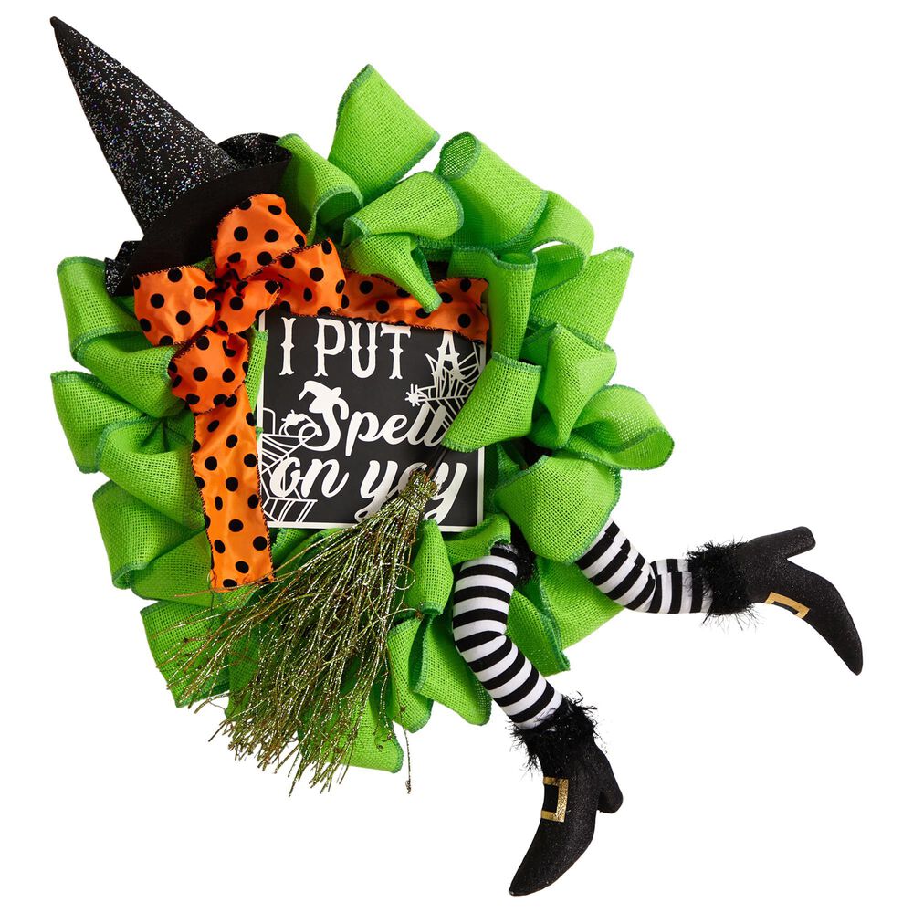 Nearly Natural Inc 26in. Halloween Witch Broom and Hat Mesh Wreath, , large