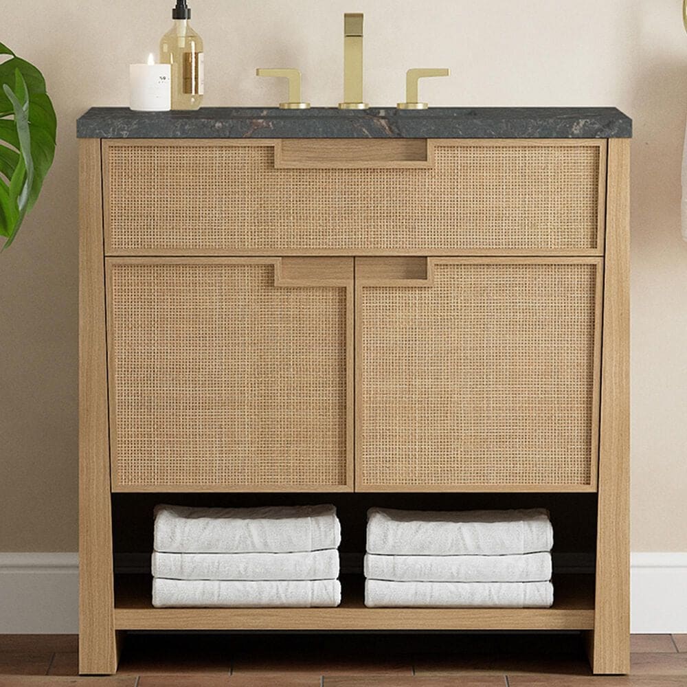 James Martin Vanities Solene 36&quot; Single Bathroom Vanity in Seaside Oak with 3 cm Parisien Bleu Quartz Top and Rectangular Sink, , large