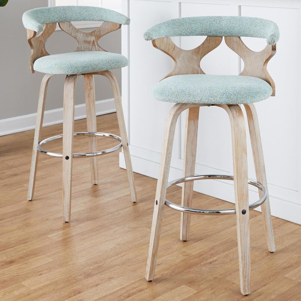 LumiSource Gardenia Swivel Fixed-Height Bar Stool with Light Grey Faux Leather Upholstery in Chrome and Whitewash (Set of 2), , large