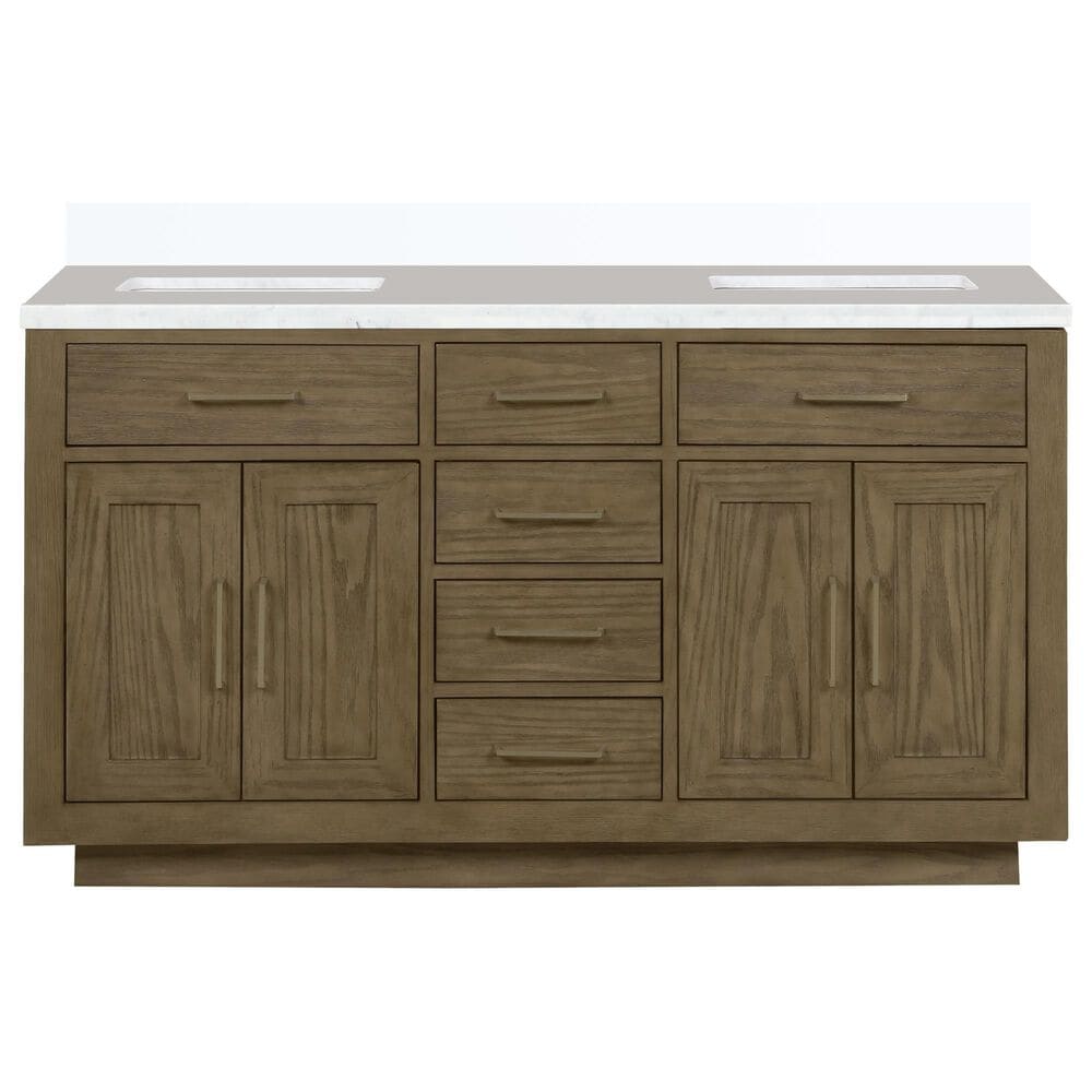 Lexora Home Abbey 60&quot; Double Bathroom Vanity in Grey Oak with 2 cm White Quartz Top and Rectangular Sinks, , large