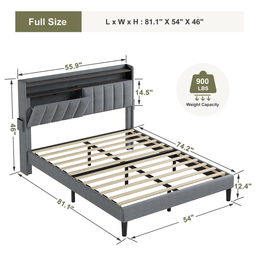 Homlux Full Storage Platform Bed with LED Headboard with Charging Station in Gray, , large