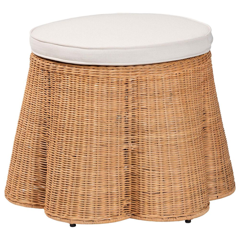 bali & pari Palm 26" Round Ottoman with Light Honey Rattan in White, , large