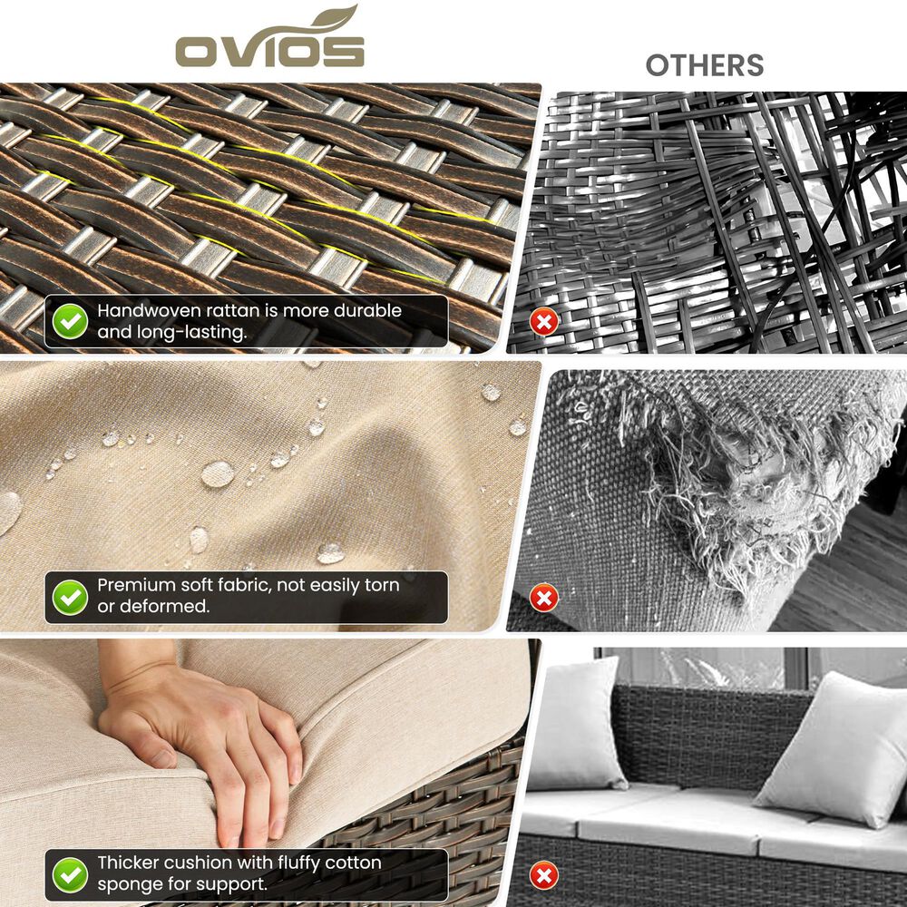 HOMLUX 7-Piece Patio Set with 42 Inch Fire Pit Table, Outdoor Wicker Sofa and Swivel Rocking Chairs, Brown Rattan in Beige, , large