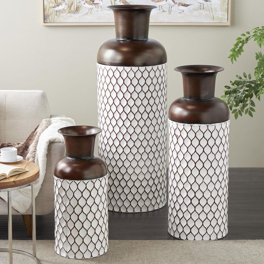 Maple and Jade 3-Piece Tall Teardrop Shaped Decorative Vase Set in Brushed White and Dark Brown, , large